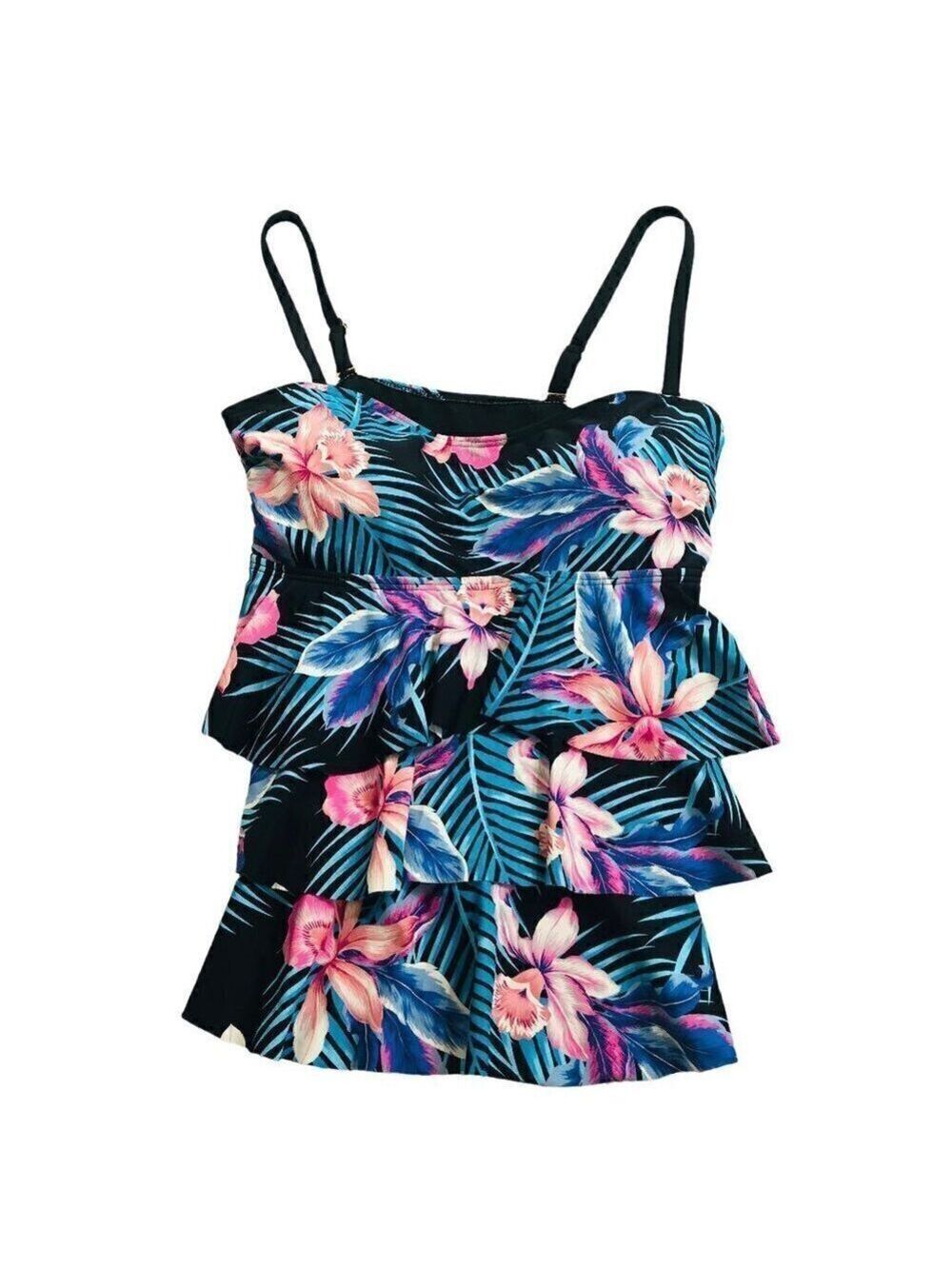 Island Waves Black Floral Tropical Print Tankini Top Size M